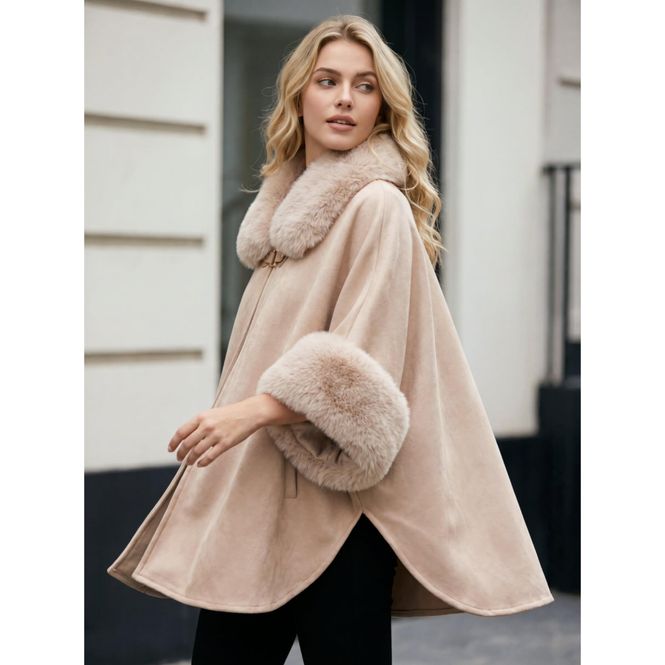 Hovedbilde PO51059 Poncho m/fuskepels - Beige