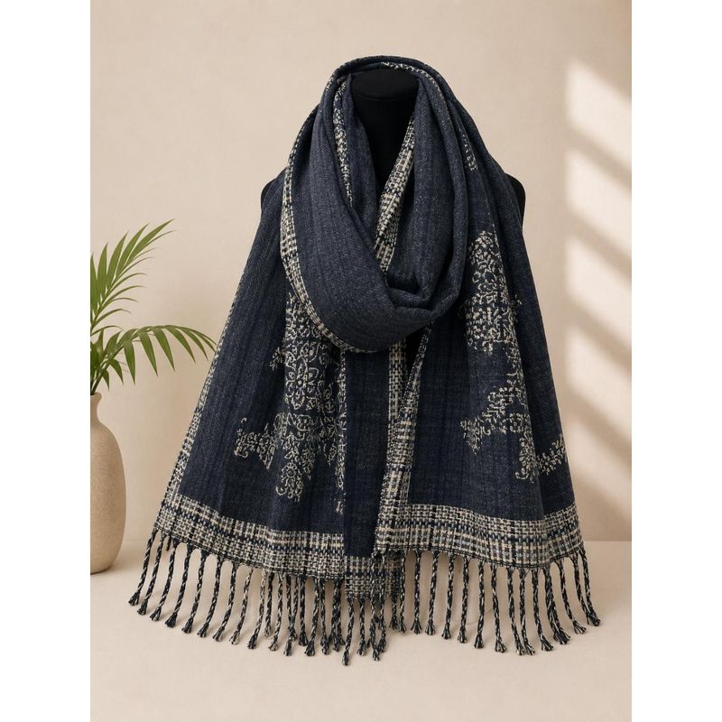 RE-D14 Skjerf mellomtykk viscose m/broderi - blå