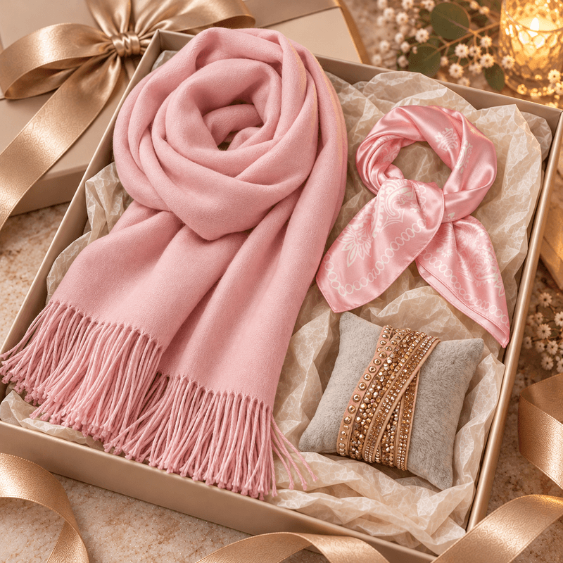 Gavesett m/2 skjerf og ørepynt - rosa