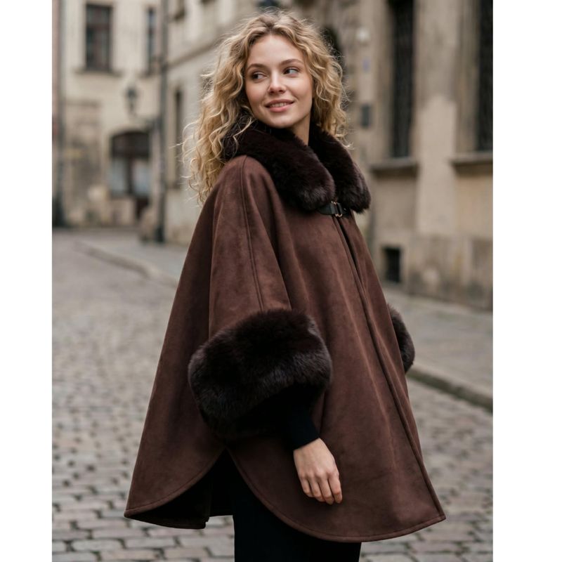 PO51059 Poncho m/fuskepels - brun